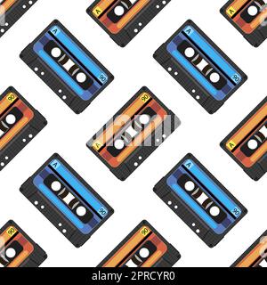 Immagine piatta con l'icona di videocassette vintage o videocassette musicali isolata in bianco. Ripetizione senza giunture Illustrazione Vettoriale