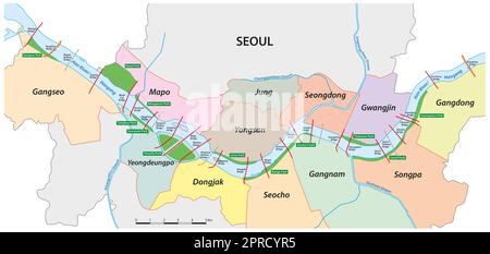 Mappa vettoriale di Hangang Park sul fiume Hang a Seoul, Corea del Sud Foto Stock