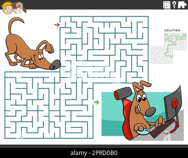 labirinto con il cane cartoon giocare giochi per computer Illustrazione Vettoriale