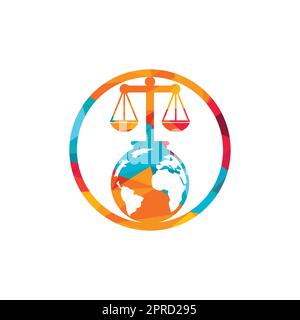 Concetto di logo del tribunale internazionale e della Corte suprema. Scala sul design icona del globo. Illustrazione Vettoriale