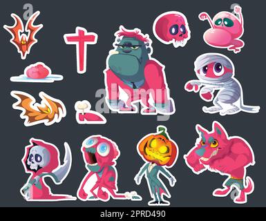 Set di adesivi cartoon zombie, divertenti personaggi di Halloween Illustrazione Vettoriale