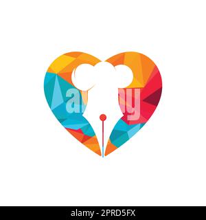 Food Writer Vector logo design. Cappello e penna dello chef con logo icona a forma di cuore. Illustrazione Vettoriale