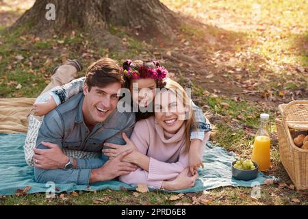 Il divertimento è tutto in famiglia. Una giovane e felice famiglia che si gode un pic-nic nel parco. Foto Stock