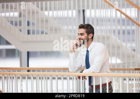 Parliamo di espandere il business. Un giovane uomo d'affari che parla su un cellulare in ufficio. Foto Stock