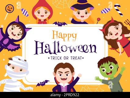 Happy Halloween Template sfondo mano disegnata Cartoon Flat Illustrazione con i bambini che indossano vari costumi, Haunted House, Pumpkins, Bats e Ful Foto Stock