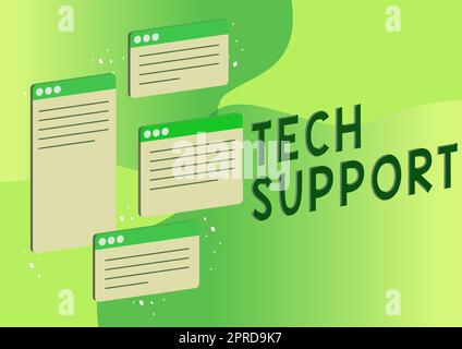 Cartello con indicazione del supporto tecnico. Word scritto sull'assistenza alle persone che hanno problemi tecnici schede Chat che simboleggiano i colleghi di comunicazione online di successo. Foto Stock