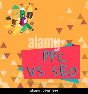 Segno di scrittura a mano PPC vs Seo. Internet Concept Pay per Click rispetto alle strategie di ottimizzazione dei motori di ricerca tre dipendenti che lavorano assegnazioni separate nei cloud. Foto Stock