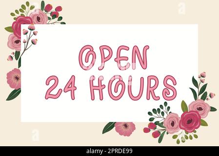 Testo che mostra l'ispirazione aperto 24 ore su 24. Idea di business lavorare tutto il giorno negozio di ogni giorno donna d'affari sempre in funzione con tablet che presenta S e Hexagon con le strategie. Foto Stock