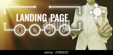 Landing page dei cartelli di scrittura a mano. Sito Web di idea aziendale accessibile facendo clic su un collegamento su un'altra pagina Web donna che digita aggiornamento recente sul Lap Top e tiene a portata di mano idee importanti Foto Stock