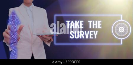 Didascalia concettuale partecipate al sondaggio. Vetrina aziendale compila il questionario per fornire il feedback del servizio cerchio vuoto che mostra i progetti e le strategie per il progresso. Foto Stock