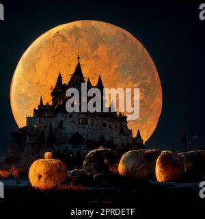 Sfondo di Halloween con il castello infestato e zucche, grande luna sul cielo notturno, per Halloween concetto, illustrazione pittura digitale. Foto Stock
