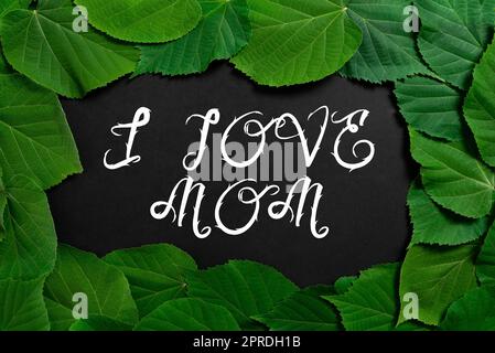 Ispirazione che mostra il segno i Love Mom. Concetto che significa buoni sentimenti su mia madre affetto amore felicità informazioni importanti scritte su carta sotto molte foglie. Foto Stock