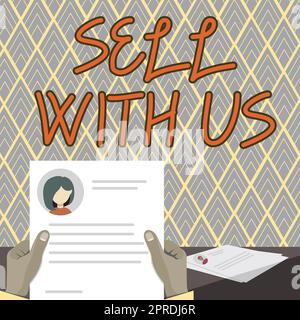 Didascalia di testo che presenta vendi con noi. Foto concettuale piattaforma di vendita online alla ricerca di un venditore di Electronic Commerce Hands Holding Resume che mostra nuove opportunità di carriera aperte. Foto Stock