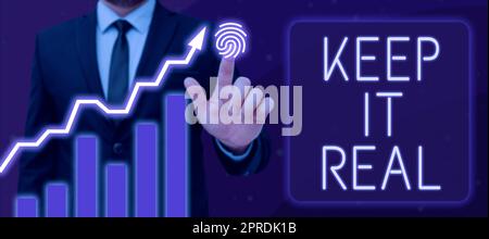 Scrittura visualizzazione testo reale. Approccio aziendale siate voi stessi onesti autentici autentici dite la verità sempre uomo con esagono grafico con spazio di copia per la pubblicità. Foto Stock