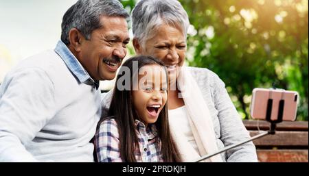 Catturare tutti i momenti migliori. Una ragazza allegra seduta su una panchina e prendere un selfie con i suoi nonni al parco. Foto Stock