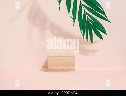 Cubo di legno su sfondo beige con un'ombra da una foglia di palma. Fase per la dimostrazione del prodotto Foto Stock