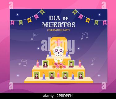 Dia De Los Muertos o giorno della morte Photocall Template Cartoon disegnato a mano Illustrazione Illustrazione Vettoriale