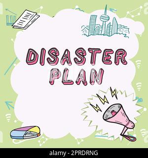 Testo che mostra Inspiration Disaster Plan. Business Concept rispondere alle emergenze Preparedness Survival e Kit di pronto soccorso messaggi importanti presentati in Frame con megafono, grafico e Skyline. Foto Stock