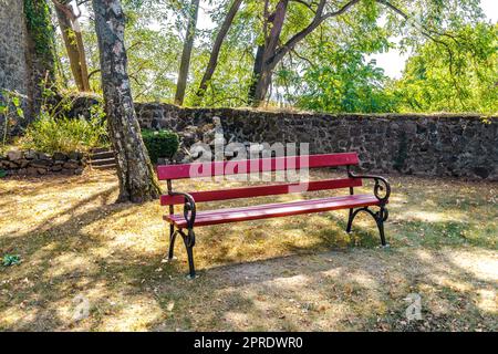 Panchina rossa in una giornata di sole nel parco vicino al castello di Amoeneburg in Assia, Germania. Foto Stock