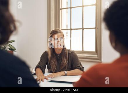 Incontro tra manager delle risorse umane e colleghi, risoluzione di una controversia o di una discussione nel suo ufficio. Un leader donna serio che parla, incontra e pianifica con il suo team e i membri del suo staff al lavoro Foto Stock