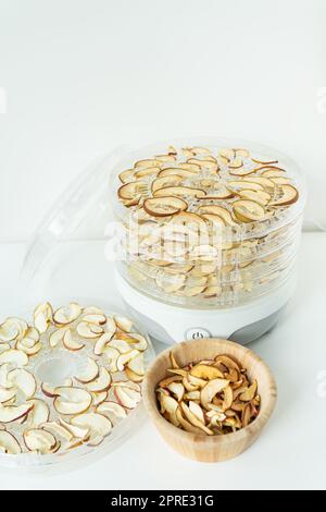 Il processo di frutta secca fatta in casa o candita in un asciugatore elettrico sul tavolo. Frutta per la conservazione e il consumo in inverno. Mele e pere Foto Stock