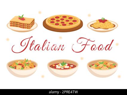 Italian Food Restaurant o Cafeteria con Chef preparazione di piatti tradizionali italiani Pizza o Pasta disegnata a mano Cartoon Template Illustrazione Foto Stock