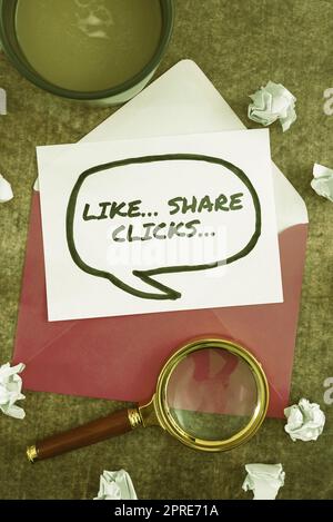 Mostra come Share Clicks, concetto che significa Content Marketing per aumentare il coinvolgimento dei colleghi dei social media inserimento di informazioni importanti o Foto Stock