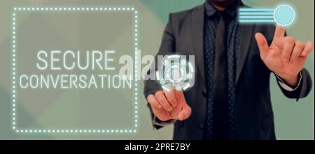 Firma scritta a mano conversazione protetta, foto concettuale comunicazione crittografata protetta tra i servizi Web Foto Stock