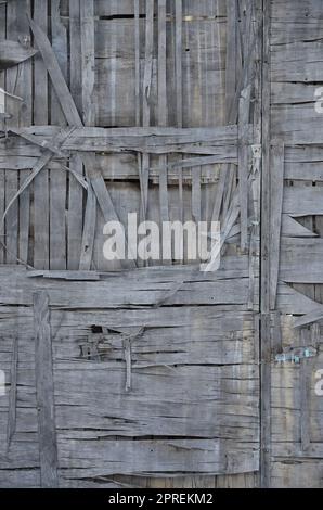 La trama di grigio rotto alterò la parete in legno. Età compresa tra asse di legno recinzione di incrinato i fogli di legno. Foto Stock