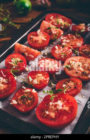 Preparazione di pomodori secchi al sole con timo e aglio su teglia da forno Foto Stock