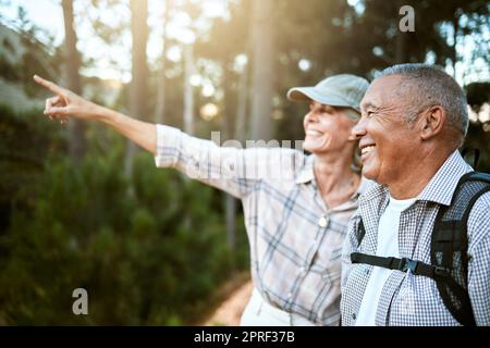 Escursioni a piedi, avventura e libertà con una coppia anziana che si diverte ed esplora la foresta o i boschi e si unisce. Felice, spensierato ed esploratore uomo e donna in pensione guardando il panorama all'aperto Foto Stock