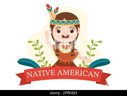 Modello nativo americano del giorno del Patrimonio mano disegnata Cartoon Flat Illustrazione per riconoscere i risultati e i contributi della cultura indiana tribale Foto Stock