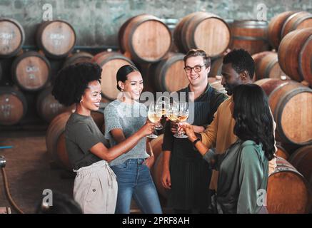 Amici, degustazione di vini o brindisi di alcolici con bicchieri da bibita in una distilleria locale, in una tenuta vinicola o in una stanza di campagna. Persone che amano la diversità, legano o festeggiano felici insieme a botti di vigneto Foto Stock