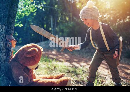 Im qui per salvarti, orrido. Un adorabile ragazzino che gioca con una spada di cartone e uno scudo fuori. Foto Stock