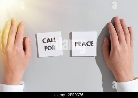Didascalia di testo che presenta Call for Peace. Internet Concept fate voti per un mondo pacifico essere calmati rilassatevi non combattete Lady in completo tenendo la penna a simboleggiare i successi del lavoro di squadra. Foto Stock