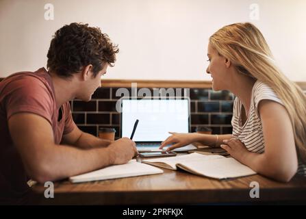 Usando le risorse di studio in linea. Due giovani studenti felici che hanno una sessione di studio al loro caffè favorito. Foto Stock