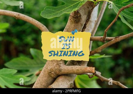 Cartello che mostra il sole splende. Parola per un bel sole durante le calde giornate estive paesaggio naturale bolla sul pavimento con importanti informazioni scritte in. Foto Stock