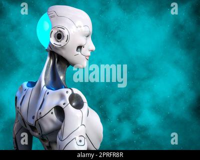 3D rendering di una donna robot android che si posa con la schiena contro la telecamera, guardando fuori nello spazio turchese. Foto Stock