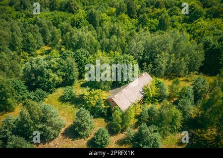 Bielorussia. Vista aerea delle rovine di Cowshed nella zona di Chernobyl. Disastri catastrofici di Chornobyl. Casa fatiscente nel villaggio bielorusso. Interi villaggi devono essere smaltiti. Chernobyl Resettlement zone Foto Stock