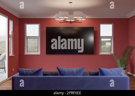 3D Illustrazione del lettino, pianta e vuoto TV a parete in stanza dipinta di rosso profondo. Foto Stock