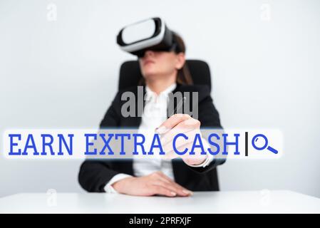 Ispirazione per mostrare il segno guadagna denaro extra. Internet Concept guadagni aggiuntivi entrate bonus entrate vantaggi Man Holding A tablet Projecting a camera showing Creative Photography. Foto Stock