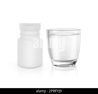 Set completo di prescrizione che mostra un bicchiere d'acqua, un bianco bianco bottiglia di plastica della medicina. rendering 3d Foto Stock
