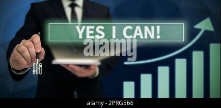 Visualizzazione concettuale Sì i CAN. Word for Motivation to Do something ha la forza sufficiente per continuare a lavorare su carta bianca con Leaves Decoration for Business Advertisement. Foto Stock