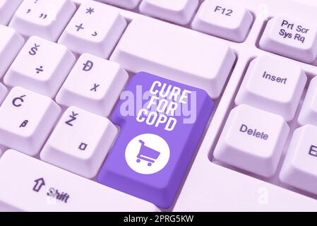 Testo che mostra la cura di ispirazione per la BPCO. Parola per il trattamento medico sulla malattia polmonare ostruttiva cronica messaggi importanti presentati su pezzo di carta sulla scrivania con libri. Foto Stock