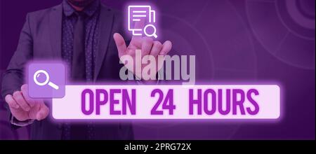 Testo che mostra l'ispirazione aperto 24 ore su 24. Parola scritta sul lavoro tutto il giorno negozio aziendale sempre operativo Speech Bubble con informazioni importanti poste in prima linea. Foto Stock