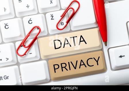 Segnaletica che visualizza i dati Privacy, Panoramica aziendale sicurezza internet e protezione digitale del sito web o della home page di destinazione Foto Stock