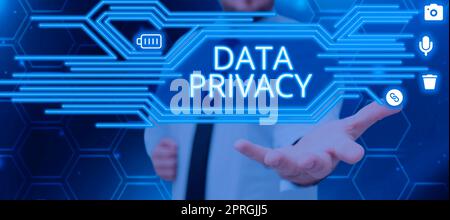 Visualizzazione concettuale riservatezza dei dati, approccio aziendale sicurezza internet e protezione digitale del sito web o landing homepage Foto Stock