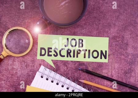 Scrittura a mano segno Descrizione del lavoro, Business idea narrativa scritta che mostra i requisiti del progetto Foto Stock