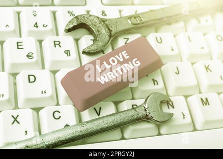 Scrittura visualizzazione testo i Love Writing. Internet Concept Affection per la creazione di riviste di romanzi autore ispiratore uomo d'affari che indica Infortmations importanti con un dito. Foto Stock