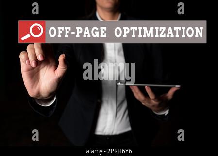 Segno che mostra fuori dell'ottimizzazione della pagina, panoramica di affari Web site processo esterno Ranking di metodo promozionale Foto Stock